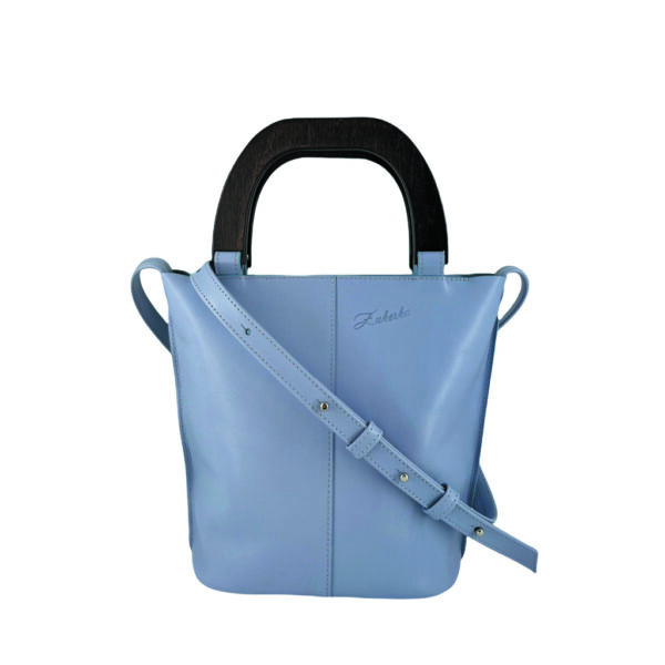 sac à main à bandoulière cuir miniKATE bleu ciel avec des anses signatures en bois marron