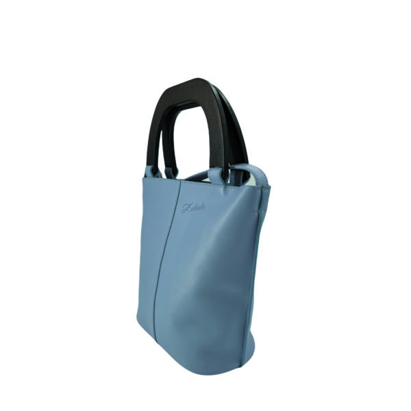 sac cuir véritable à bandoulière bleu ciel classique avec anses en bois